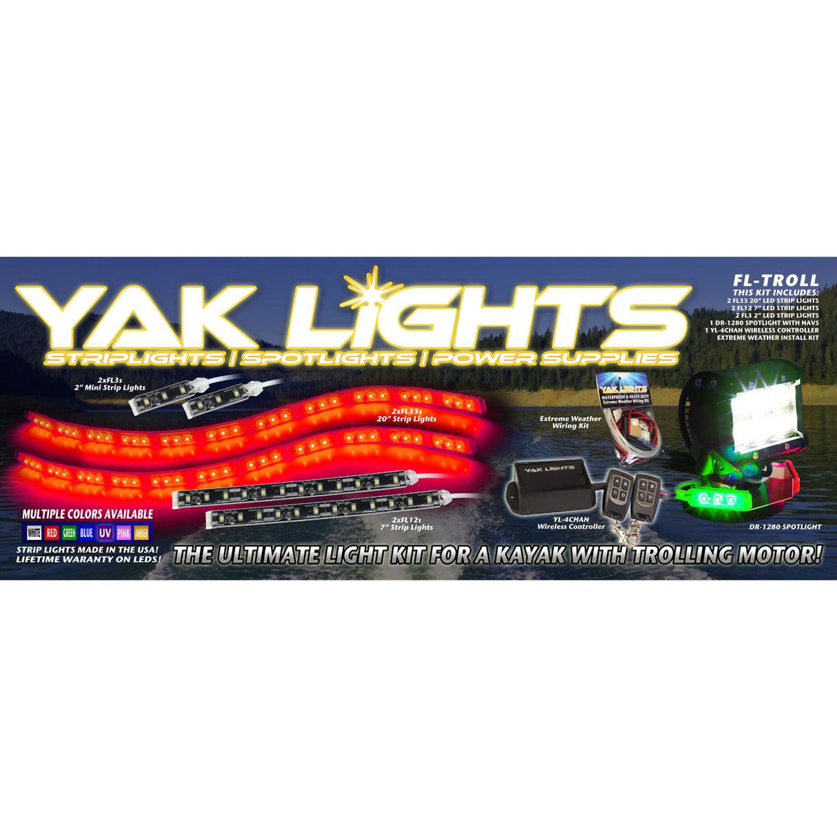 Yak Lights Flex Lights Trolling Kayak Lighting Kit with DR-1280 Spotlight