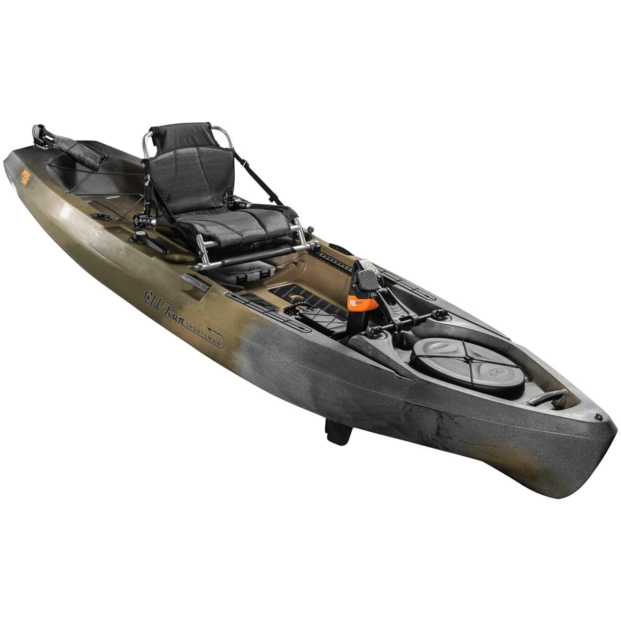 A 3/4 shot of the Old Town Sportsman 120 PDL pedal fishing kayak in the Marsh (brown) Camo color with the PDL pedal drive deployed - SKU: 01.4071.0107 - UPC: 759239316306
