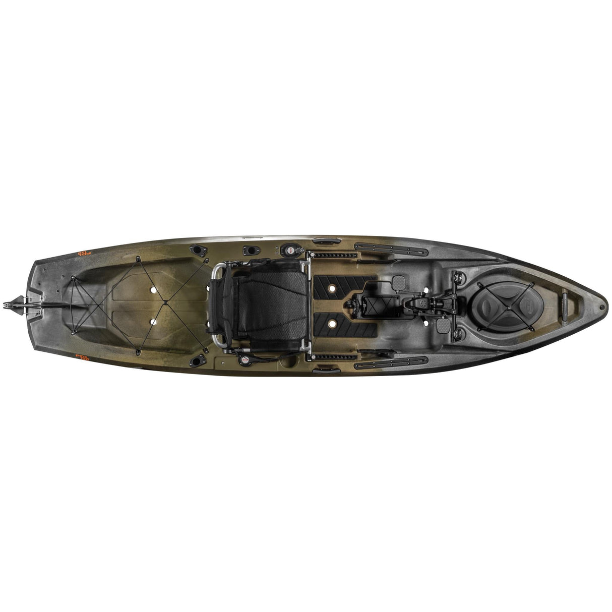 A top down shot of the Old Town Sportsman 120 PDL pedal fishing kayak in the Marsh (brown) Camo color with the PDL pedal drive deployed - SKU: 01.4071.0107 - UPC: 759239316306