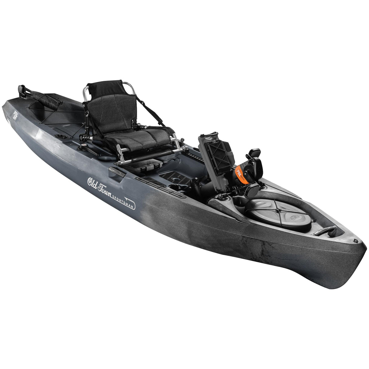 A 3/4 shot of the Old Town Sportsman 120 PDL pedal fishing kayak in the Steel Camo color with the PDL pedal drive raised - SKU: 01.4071.0109 - UPC: 759239316320