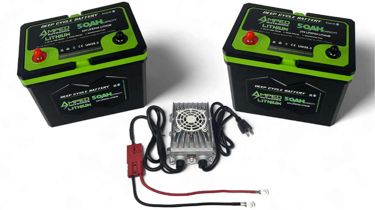 Amped Outdoors 2x 24V 50AH (100AH Total) Trolling Motor Lithium Battery Bundle with Charger