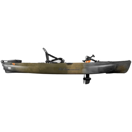 A side shot of the Old Town Sportsman 120 PDL pedal fishing kayak in the Marsh (brown) Camo color with the PDL pedal drive deployed - SKU: 01.4071.0107 - UPC: 759239316306