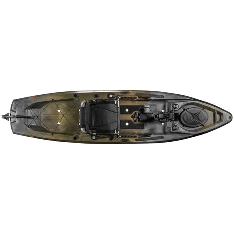 A top down shot of the Old Town Sportsman 120 PDL pedal fishing kayak in the Marsh (brown) Camo color with the PDL pedal drive deployed - SKU: 01.4071.0107 - UPC: 759239316306