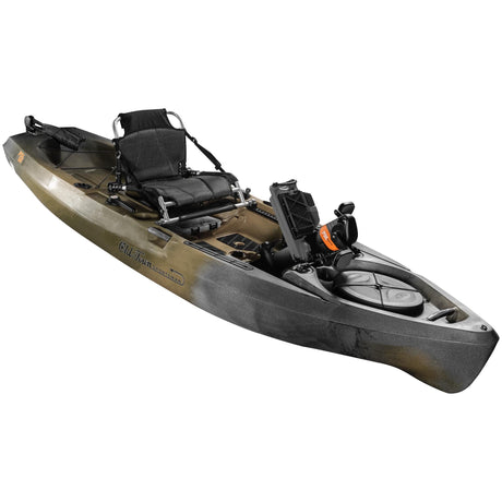 A 3/4 shot of the Old Town Sportsman 120 PDL pedal fishing kayak in the Marsh (brown) Camo color with the PDL pedal drive raised - SKU: 01.4071.0107 - UPC: 759239316306