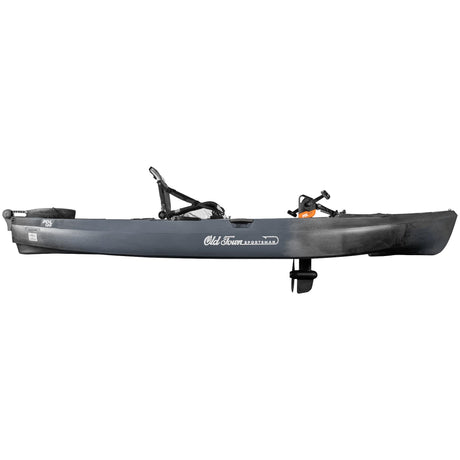 A side on shot of the Old Town Sportsman 120 PDL pedal fishing kayak in the Steel Camo color with the PDL pedal drive deployed - SKU: 01.4071.0109 - UPC: 759239316320