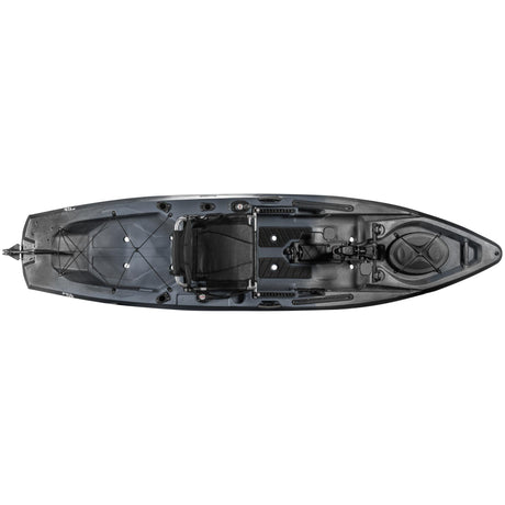 A top down shot of the Old Town Sportsman 120 PDL pedal fishing kayak in the Steel Camo color with the PDL pedal drive deployed - SKU: 01.4071.0109 - UPC: 759239316320