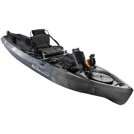 A 3/4 shot of the Old Town Sportsman 120 PDL pedal fishing kayak in the Steel Camo color with the PDL pedal drive raised - SKU: 01.4071.0109 - UPC: 759239316320