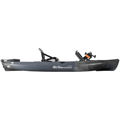 A side on shot of the Old Town Sportsman 120 PDL pedal fishing kayak in the Steel Camo color with the PDL pedal drive raised- SKU: 01.4071.0109 - UPC: 759239316320